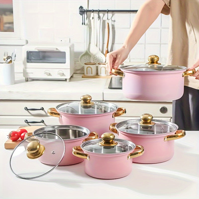 Stainless Steel Cookware Set 10 Pieces with Glass Lids and Golden Handles