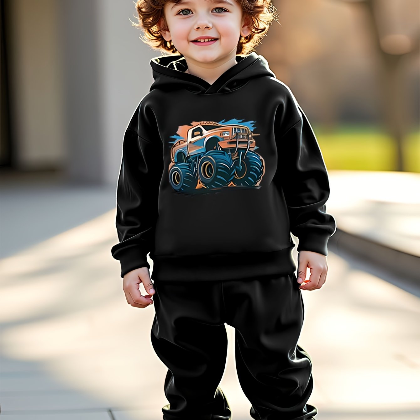 Boys' Fleece-Lined Hoodie and Jogger Set with Vibrant Truck Print for Fall Winter Outdoor Activities