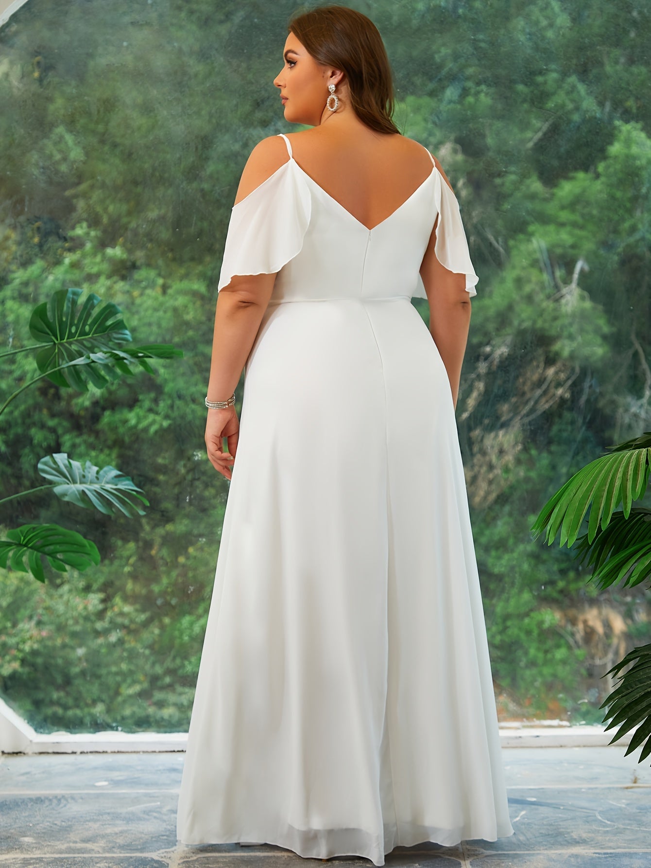 Plus Size Long Formal Wedding Dress Polyester V-Neck Floor-Length