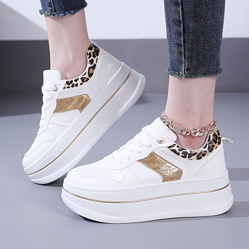 Women's Casual Thick-Sole Sneakers White Gold Low-Top Comfortable Lace-Up All-Season