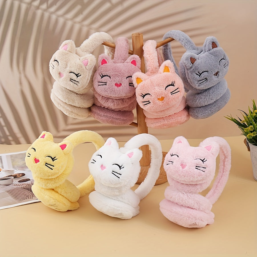 Cat Themed Plush Earmuffs for Women Girls Warm Winter Cold Weather Solid Color