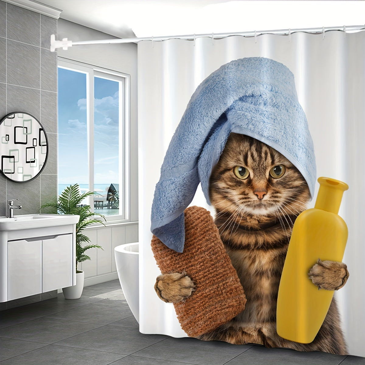 Funny Cat Pattern Shower Curtain Waterproof Fabric for Bathroom Decor