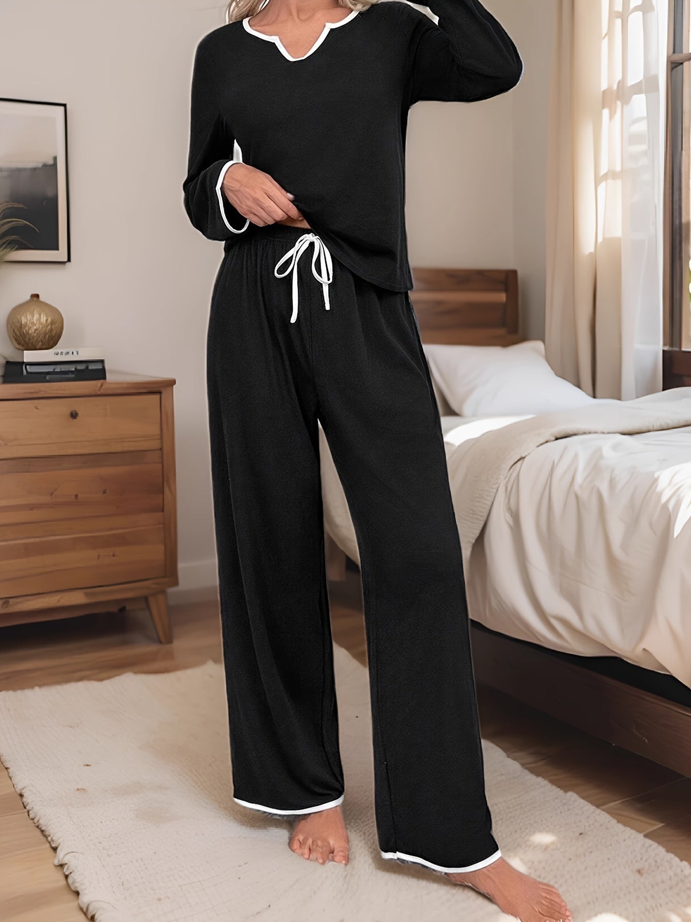 Women's Black Pajama Set with White Contrast Trim Long Sleeve Top and Elastic Waist Pants