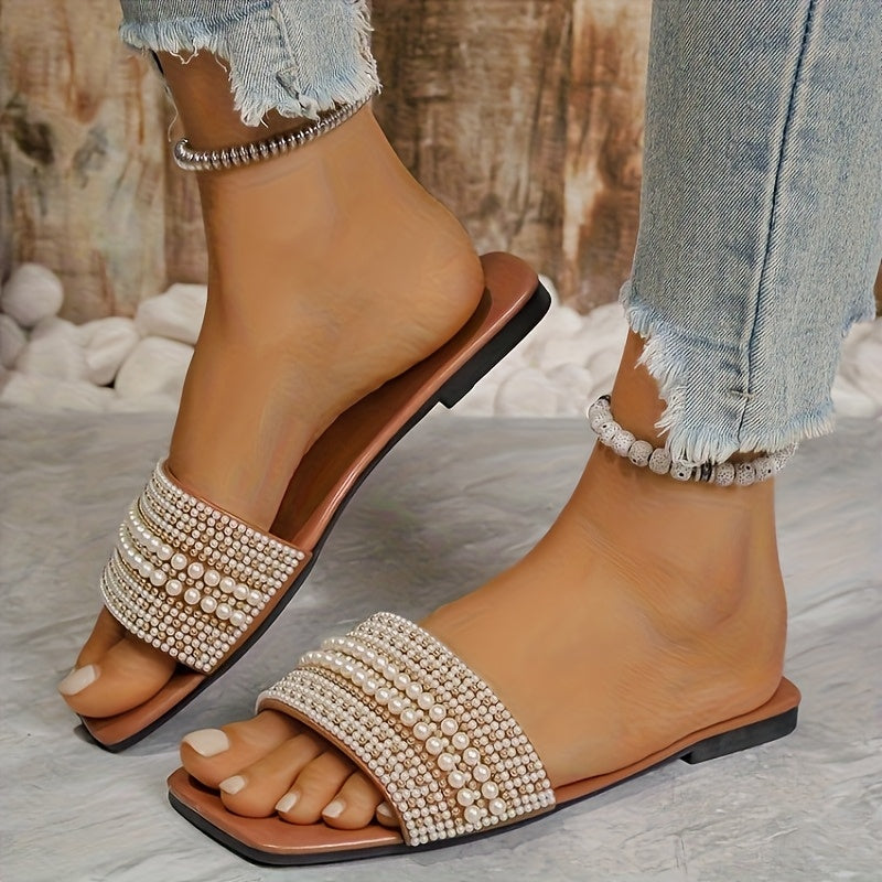 Women's Slip-On Rhinestone Sandals Open-Toe Cushioned Insole Black White Brown