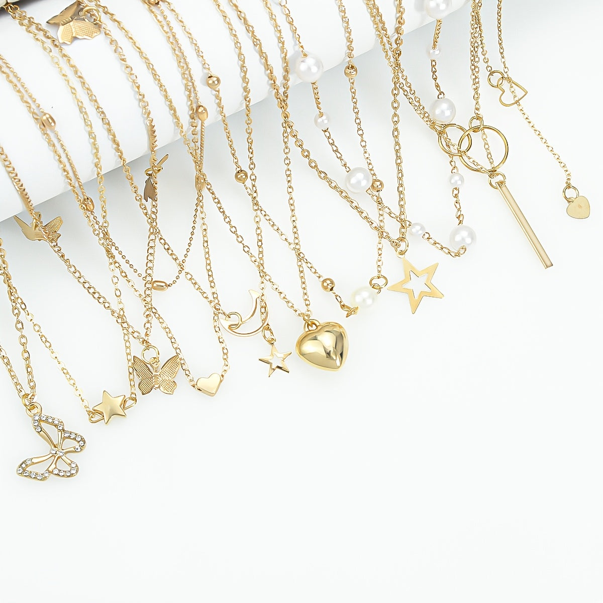11pcs Bohemian Multi-Layered O-Shaped Chain Necklace with Butterfly Star Moon Pendants Rhinestones Imitation Pearls for Women
