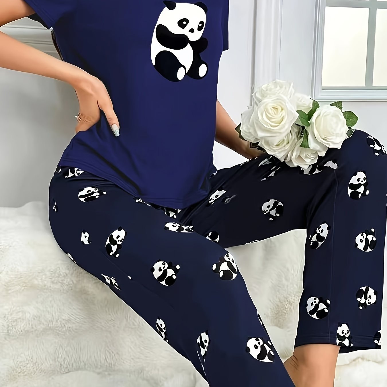 Adult Panda Print Pajama Set with Cartoon Pattern, 100% Polyester, Fall Casual Sleepwear