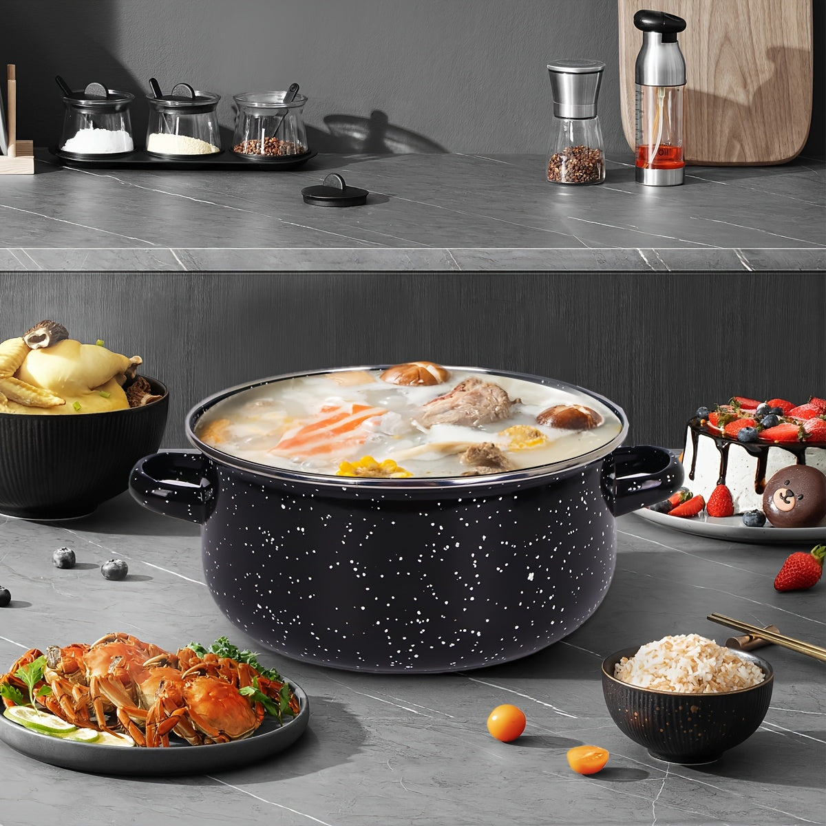 Enamel Cooking Pot Set for Stews and Soups, Lightweight, Induction Compatible