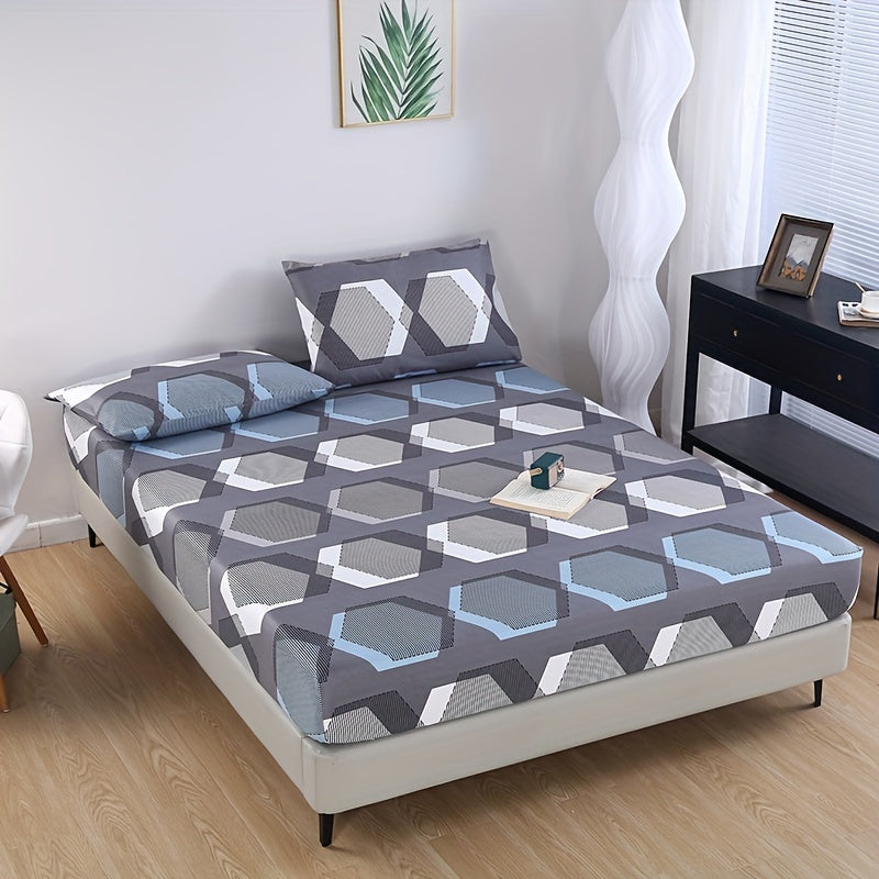 Conjunto de ropa de cama con estrella geométrica y gráfico de líneas, 3 piezas, sábana ajustable y fundas de almohada