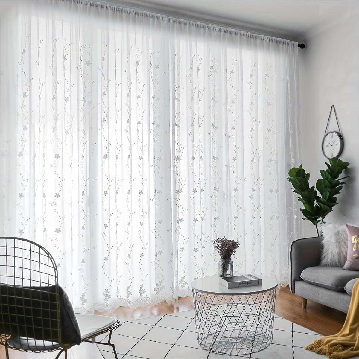 White Sheer Curtain with Flower Embroidery for Living Room Bedroom Office