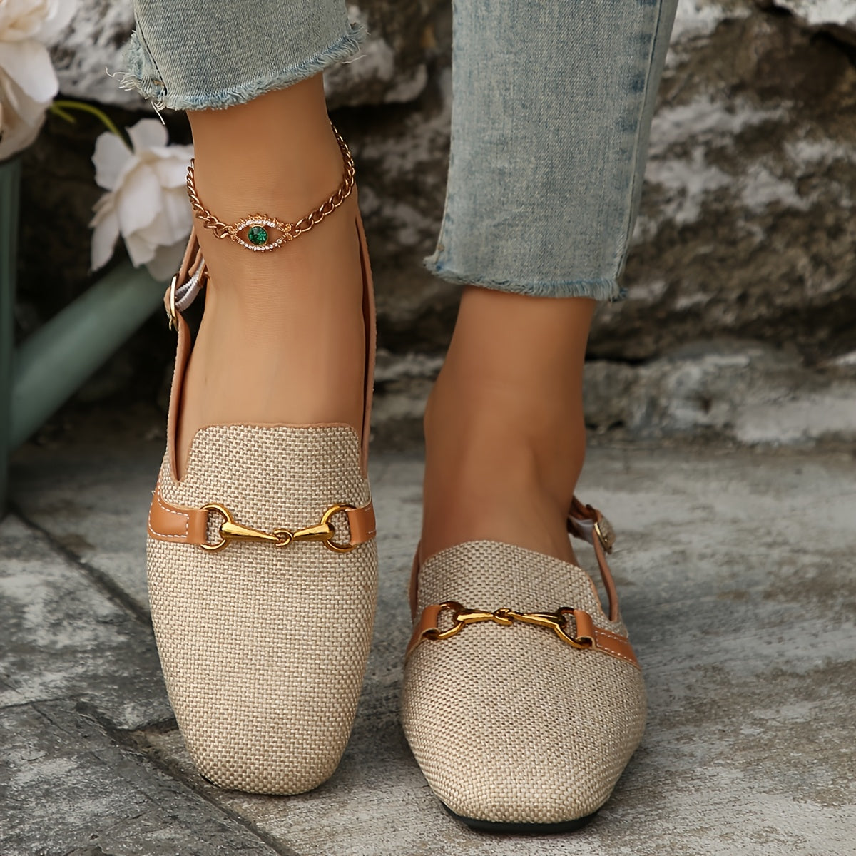Women's Beige Mary Jane Flats with Buckle Closure Comfortable Square Toe