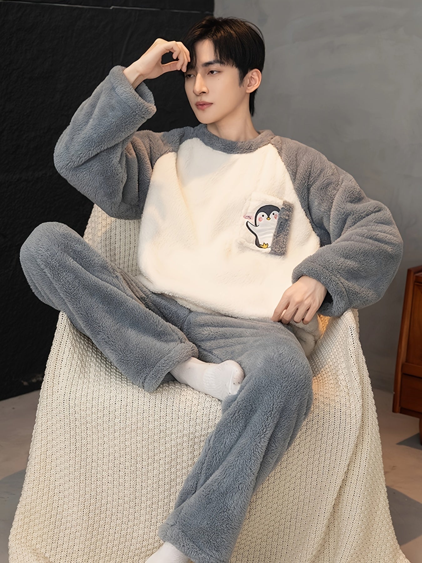 Men's Fleece Pajama Set Coral Fleece Solid Color Crew Neck Winter Regular Fit