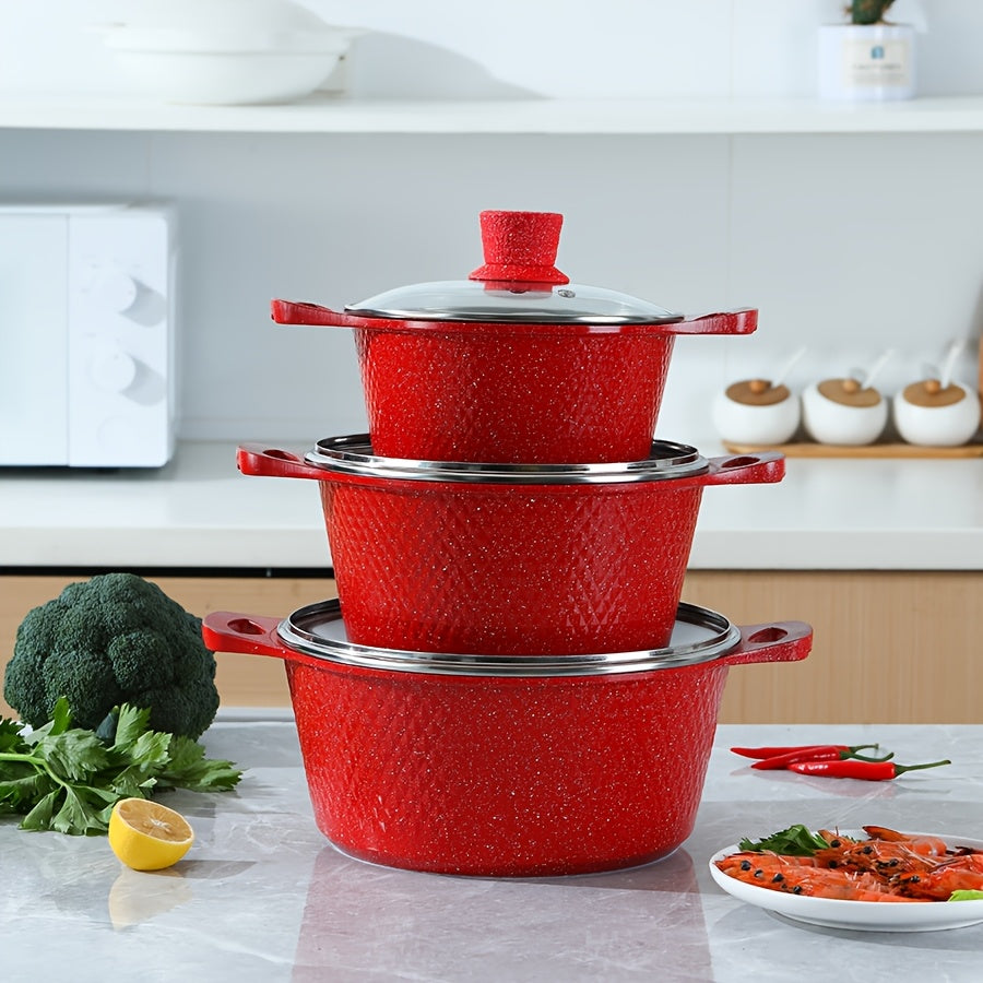 Qopqoq bilan qizil rangli mustahkam oshxona qozonlari va skovorodkalari to'plami, alyuminiy yopishqoq idishlar, gaz pechida pishirish uchun ideal - Ko'p maqsadli pishirish qozoni, qozon va qovurish skovorodkasi kiradi.