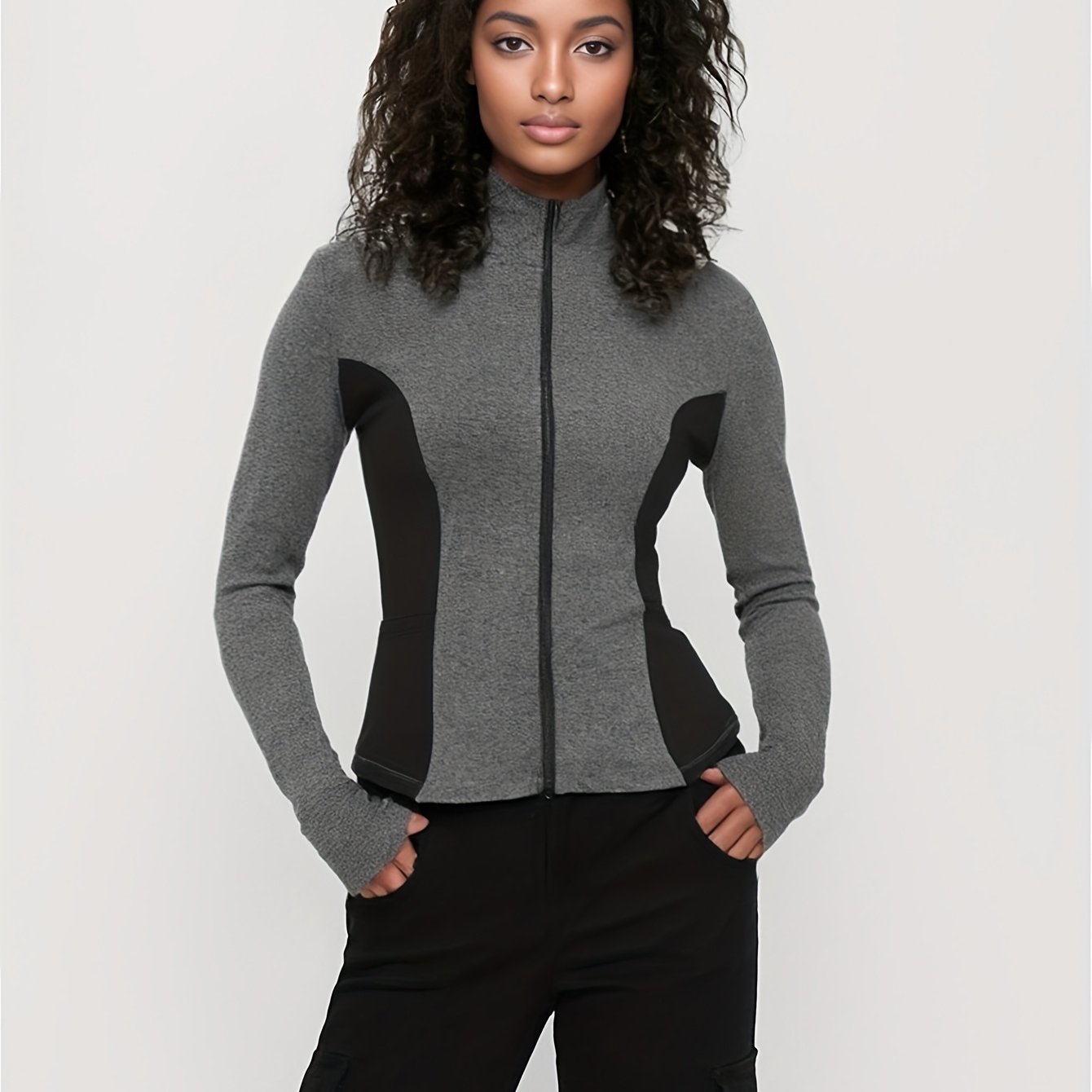 Chaqueta atlética de tallas grandes para mujer, transpirable y elástica, con cremallera para correr, negra y gris