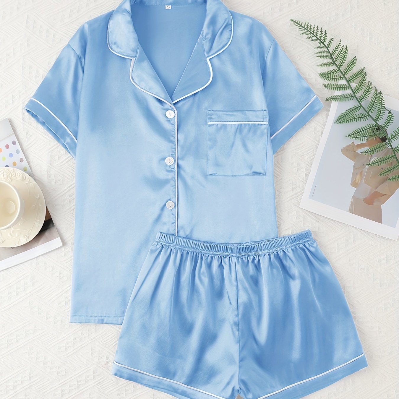 Adult Satin Solid Color Double Shorts Pajama Set