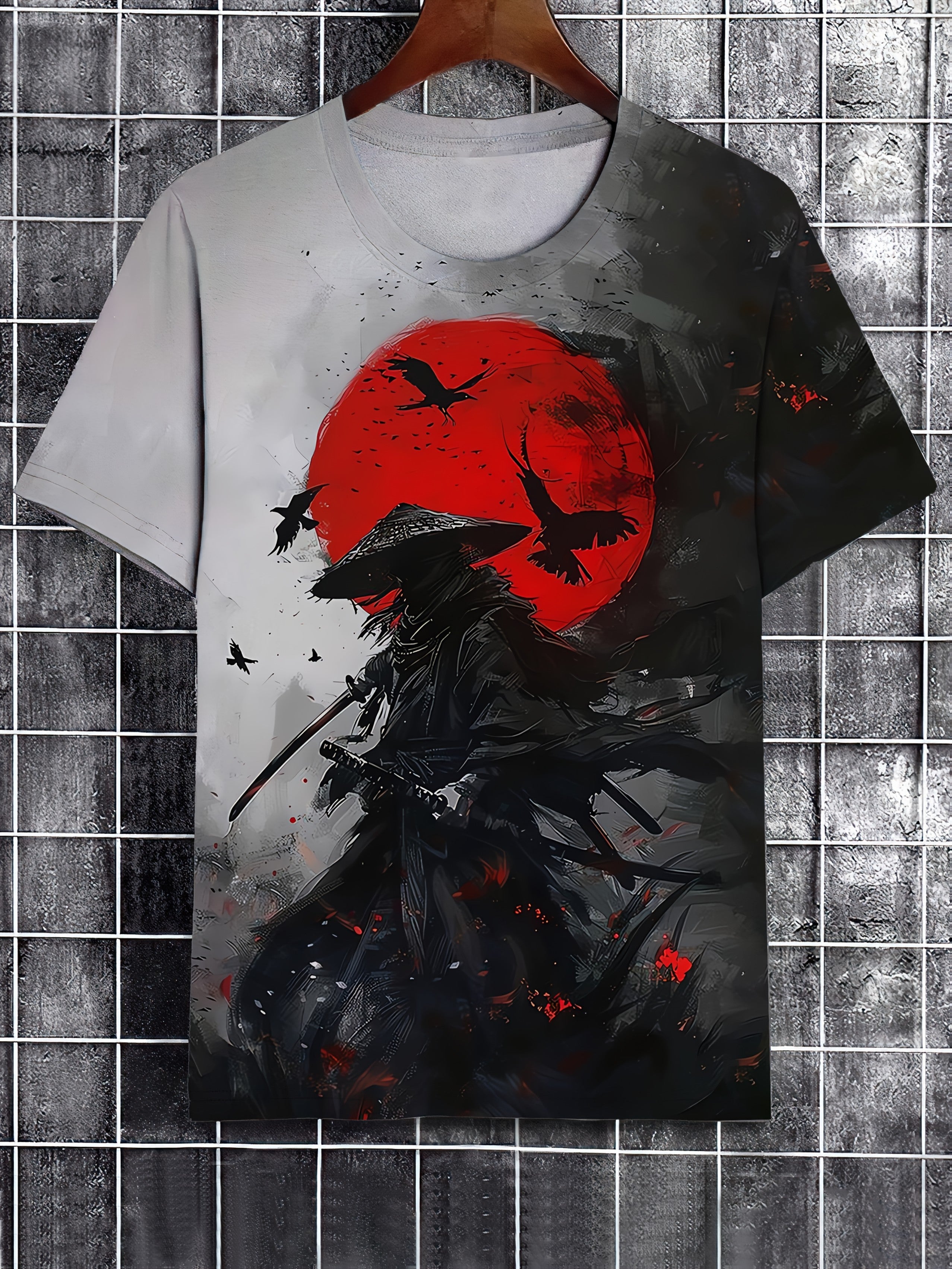 Men's Summer Samurai Ink Painting Pattern T-Shirt Short Sleeve Casual Knit Polyester