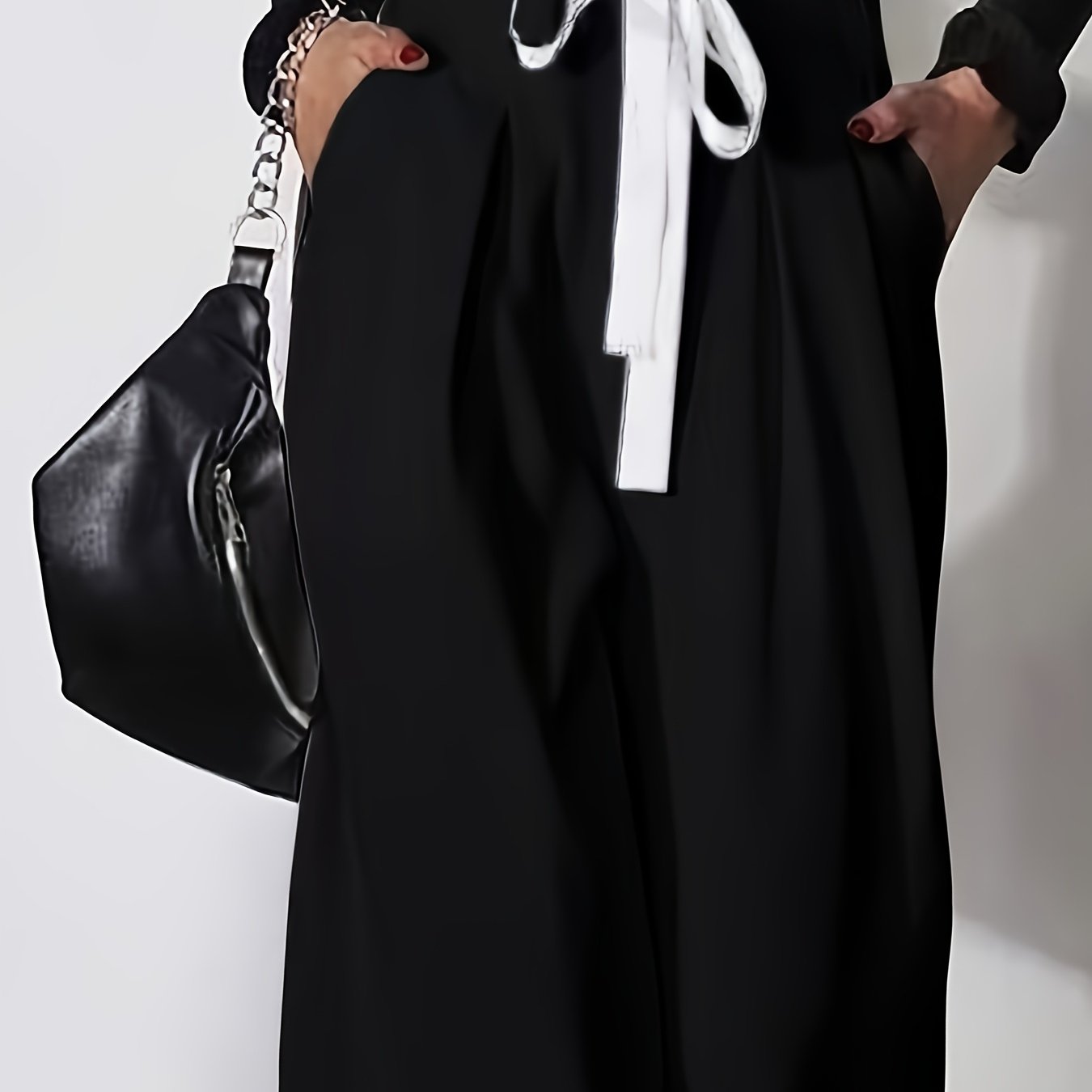 Women's Wide Leg Pants with Zipper Fly Contrast Waist Belt Solid Color Spring Fall Elegant