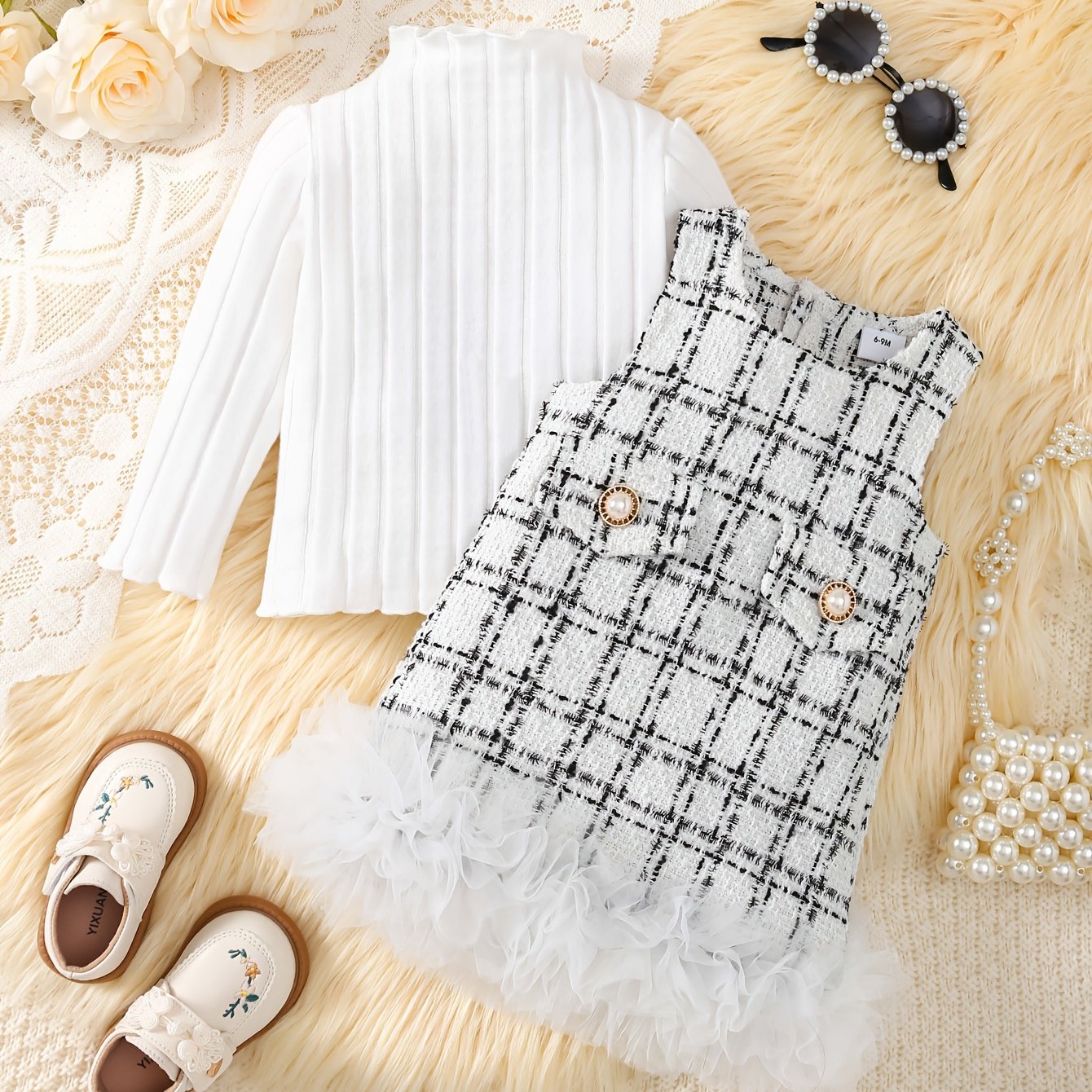 Toddler Girls Red Top and Mesh Skirt Set Long Sleeve Pearl Buttons Spring Fall Outdoor