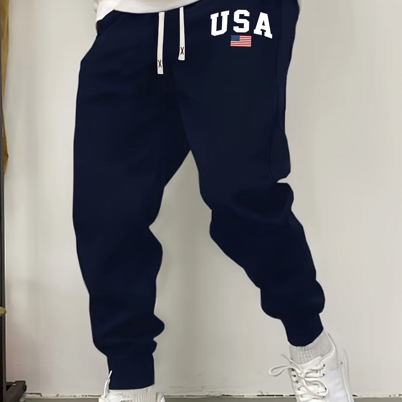Men's Casual Knit Sweatpants with USA Flag Print Elastic Waist Drawstring for Outdoor Activities