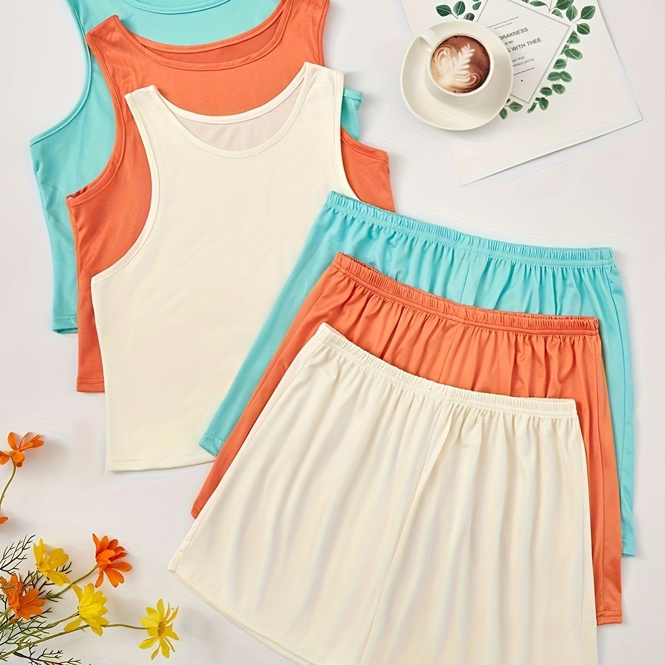 Women's Summer Lounge Set 3-Piece Solid Polyester Sleeveless Crew Neck Casual Sleepwear