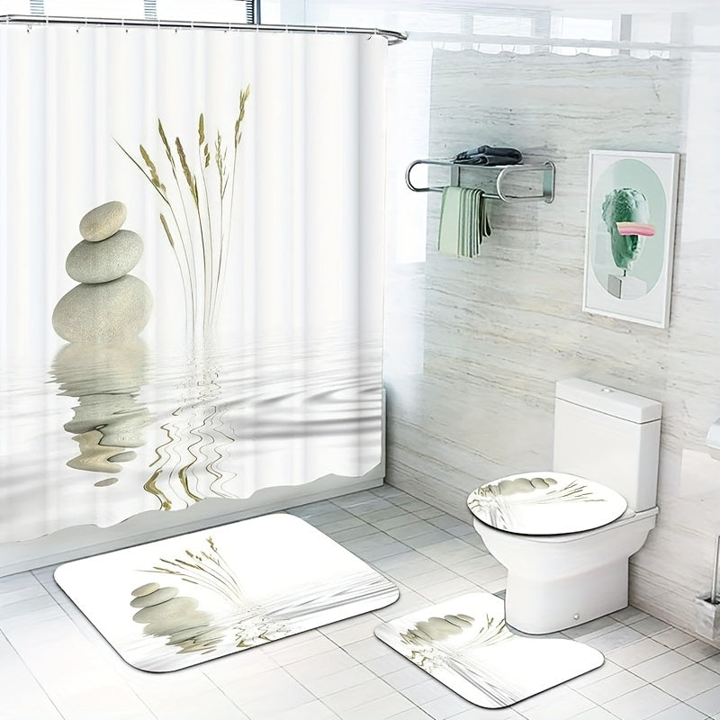 4-Piece Shower Curtain Set Waterproof Non-Slip Rugs Bath Mat Toilet Lid Cover 180x180cm