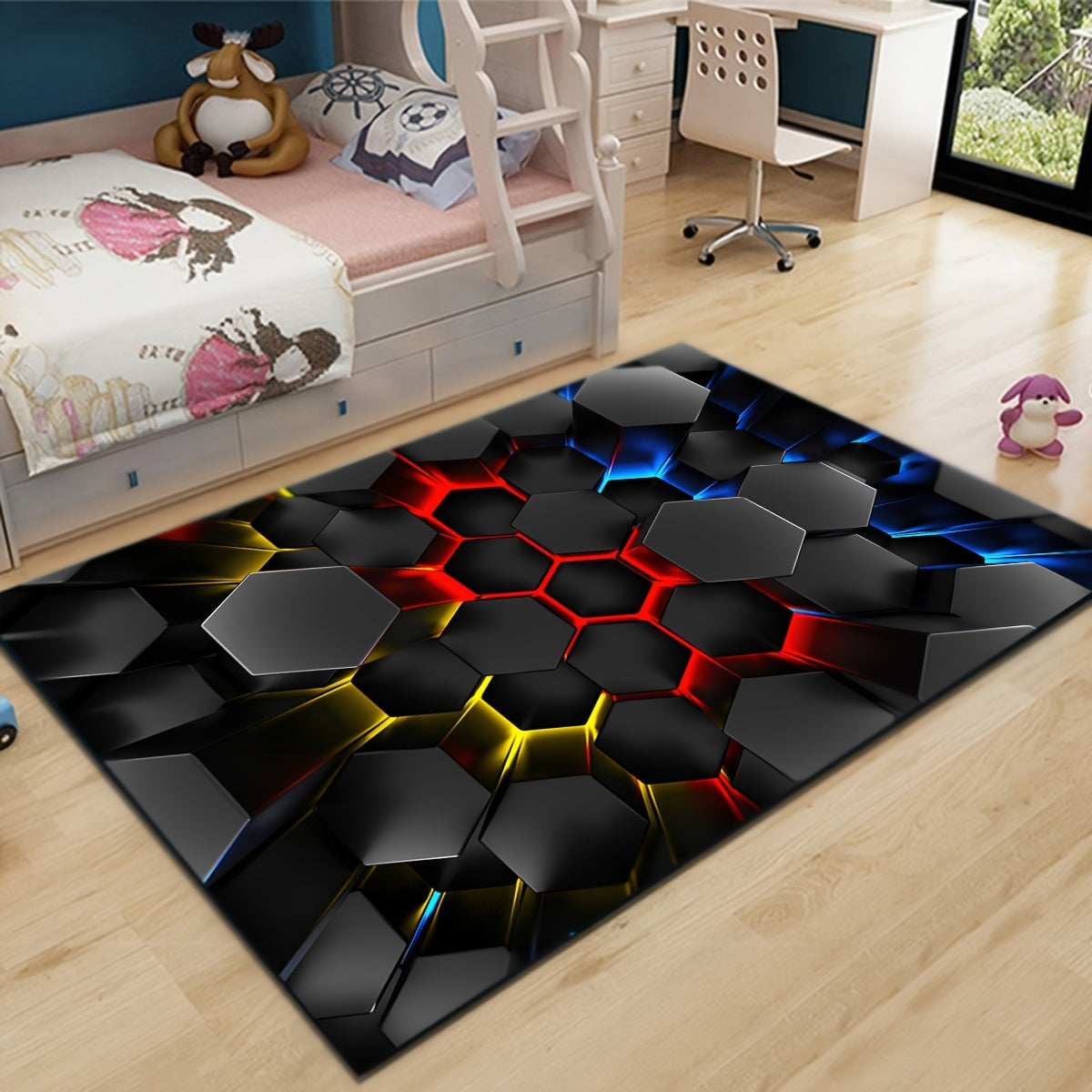 Whimsical 3D Luminous Hexagon Area Rug Soft Non-Slip Cartoon Style