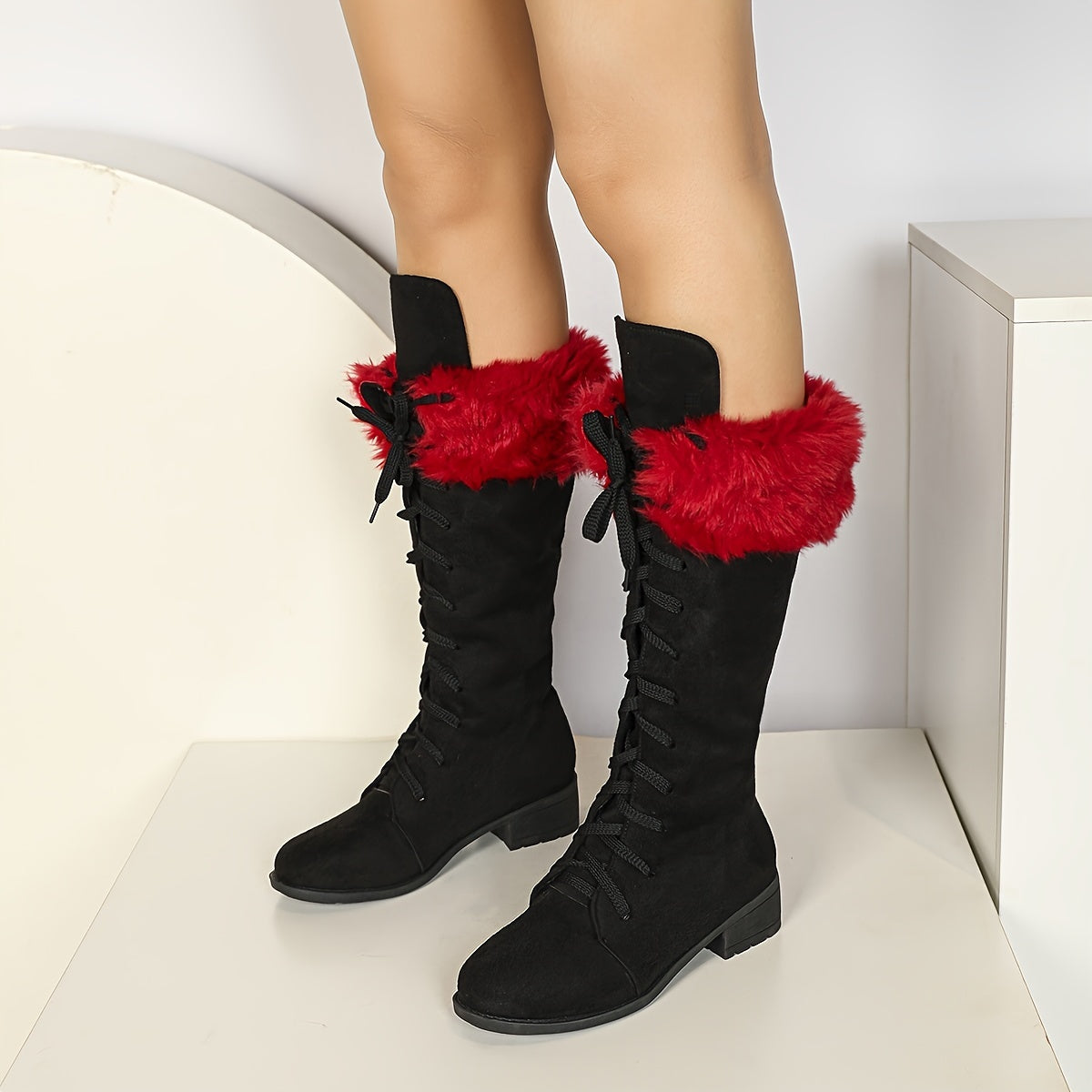 Women's Winter Faux Fur Trim Knee-High Boots Retro Style Cold Weather