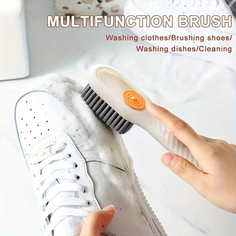 Ergonomic Shoe Brush with Long Handle Built-in Soap Dispenser Soft Bristles for Shoes Boots Jewelry