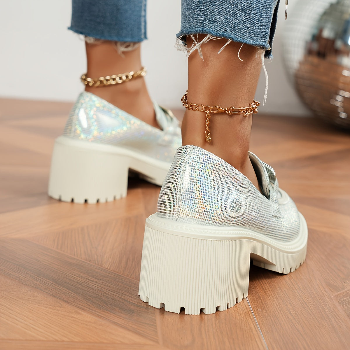 Women's Glitter Loafers Pink Sequin Slip-On Shoes with Chunky Heel