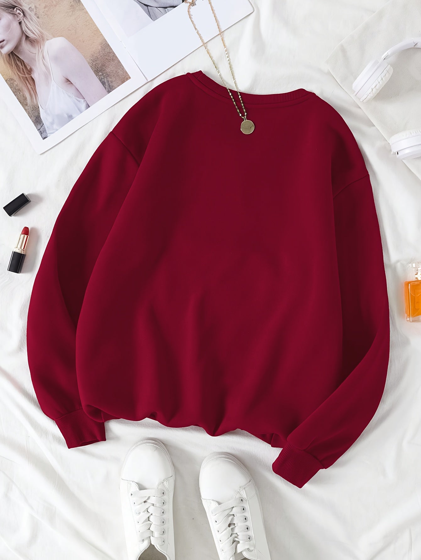 Sudadera de manga larga con cuello redondo de poliéster para mujer, casual para otoño e invierno