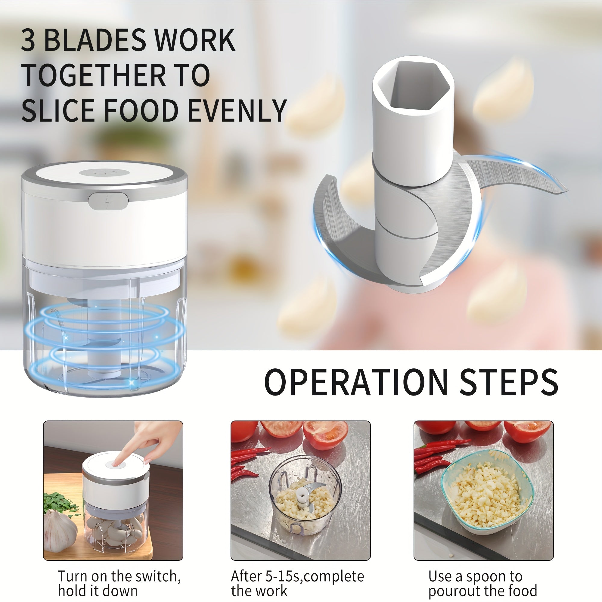 Mini picadora de alimentos compacta, recargable por USB, de acero inoxidable para ajo, nueces, verduras y frutas