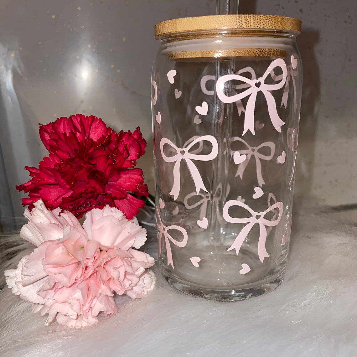 16oz Heart-Shaped Glass Cup with Lid and Straw for Coffee Milk Juice Gift