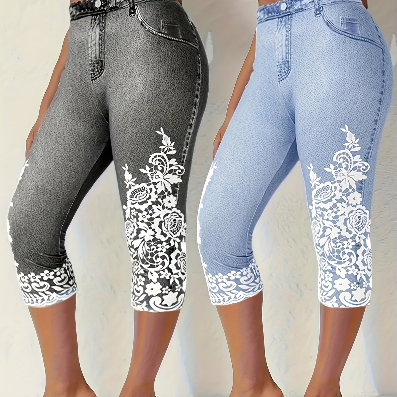 Women's Plus Size Denim Printed Capri Pants Two-Piece Set