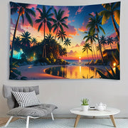 Sunset Beach Tapestry Wall Hanging with Palm Trees and Pool Polyester 8K Artwork