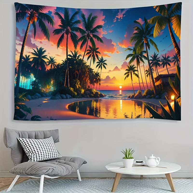 Sunset Beach Tapestry Wall Hanging with Palm Trees and Pool Polyester 8K Artwork