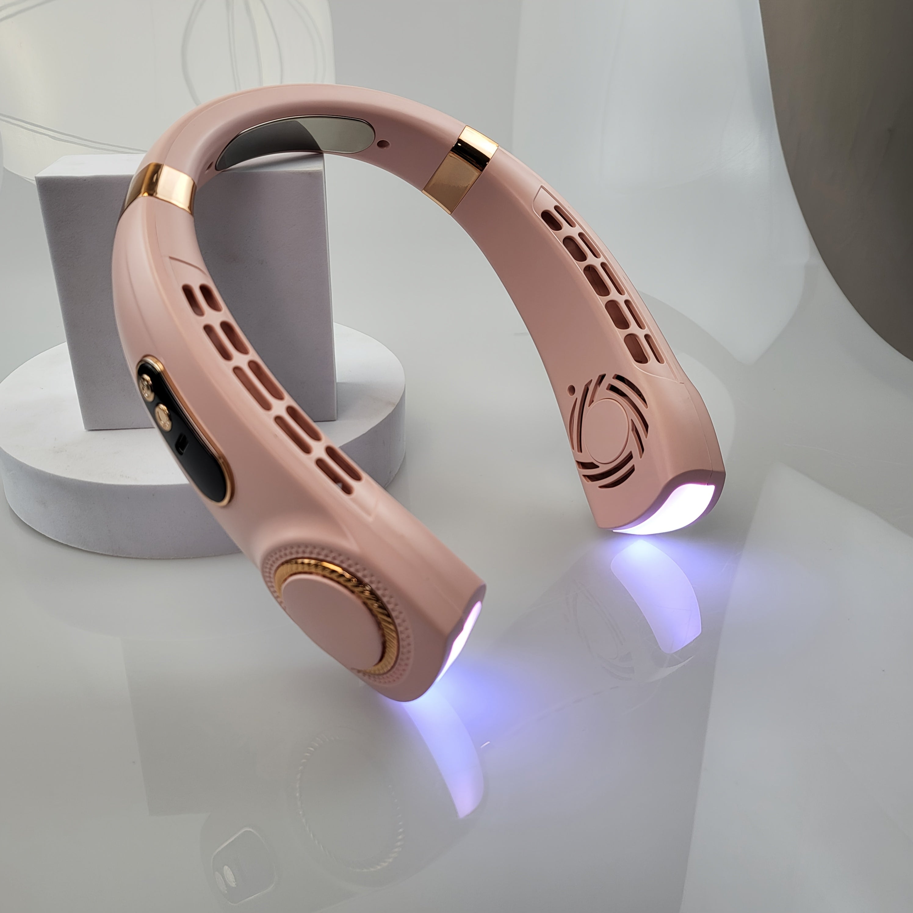 Mini Neck Fan with 5-Speed USB Charging, Colorful LED Lights, 360° Cooling for Outdoor Activities