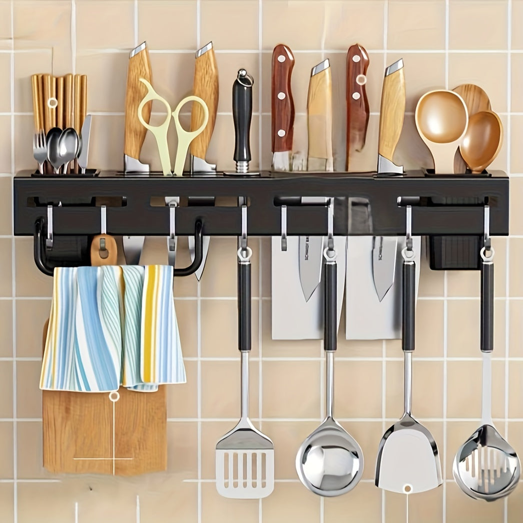 Wall-Mounted Carbon Steel Knife Rack with Hooks Towel Rod and Utensil Caddy