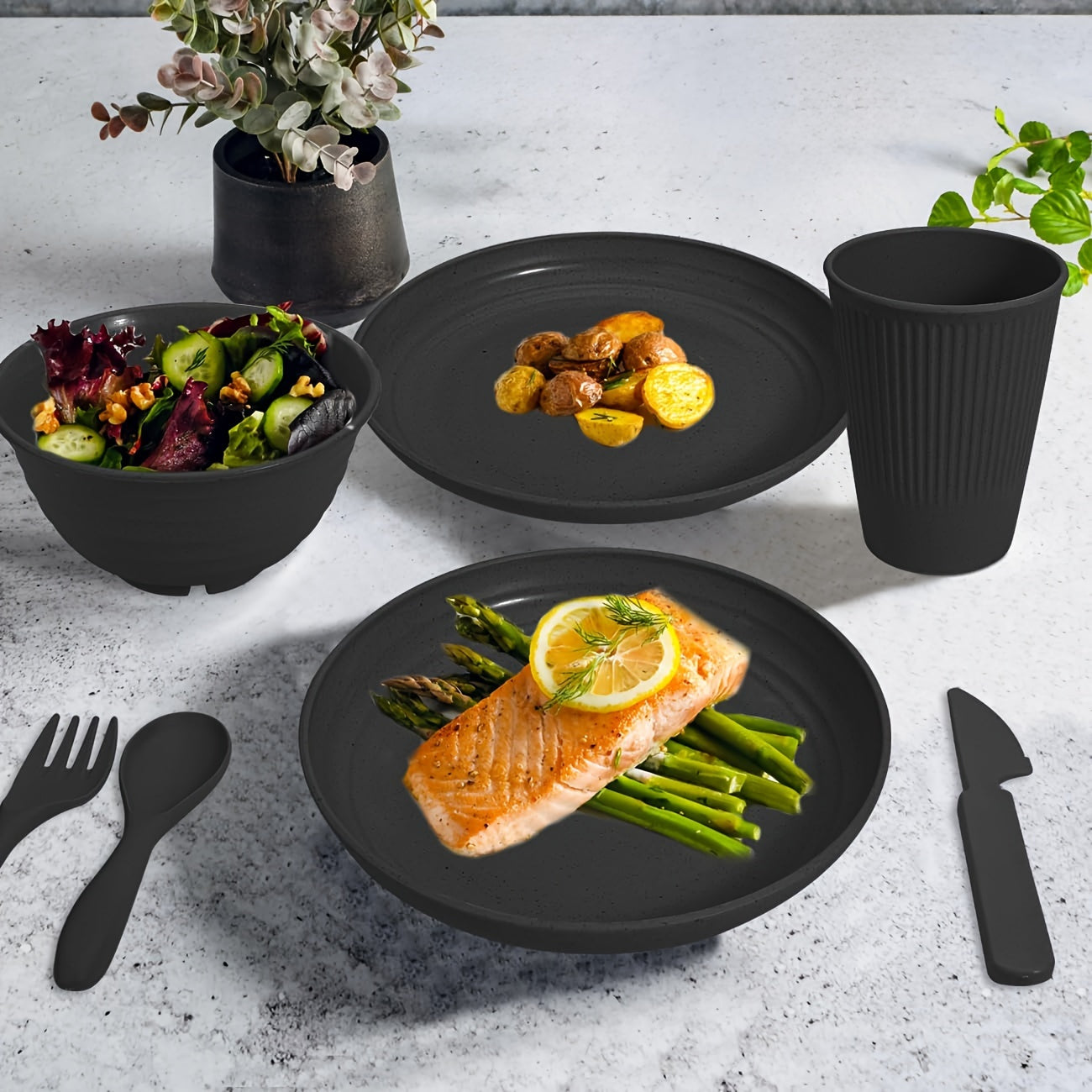 36-Piece Reusable Black Plastic Cutlery Set for Travel Camping and Daily Use