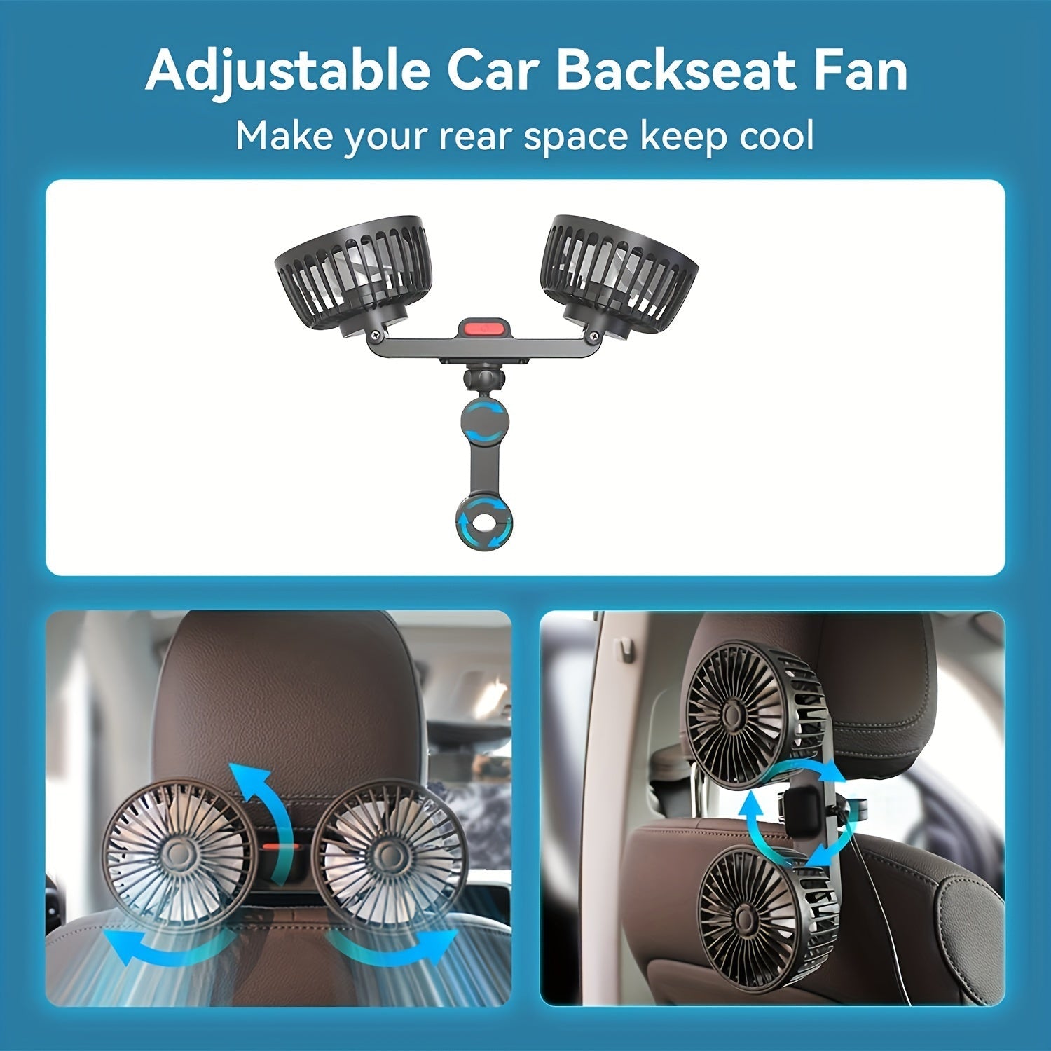 Rear Seat Car Fan Dual-Head Adjustable Airflow Multi-Speed Ventilation