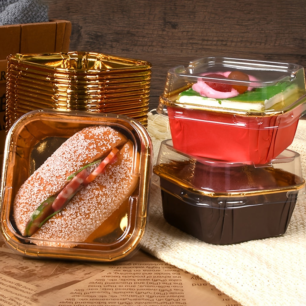 50 Square Cupcake Cups with Lids, Heat-Resistant Foil, Baking and Dessert Cups