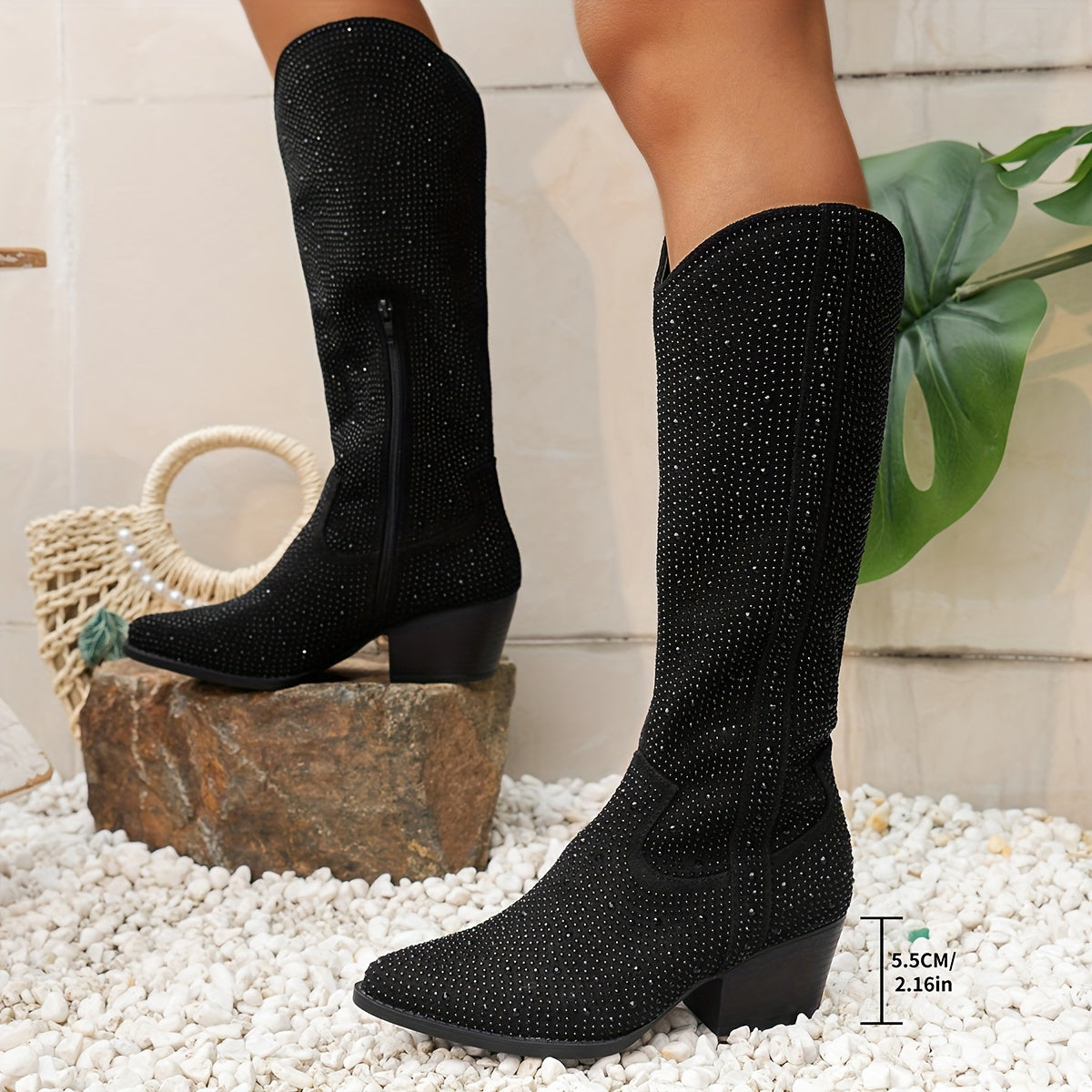 Women's Rhinestone Decor Chunky Heel Dress Boots with Side Zipper