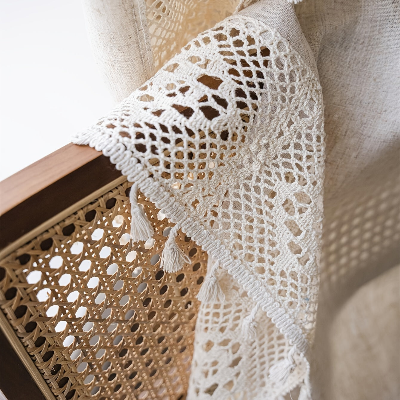 Linen Crochet Curtain with Tassels Semi-Sheer Rod Pocket Farmhouse Style for Living Room Bedroom Kitchen