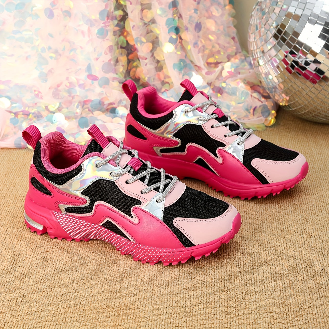 Women's Geometric Pattern Casual Sneakers Sequin Accents Pink Black Low-Top Shoes