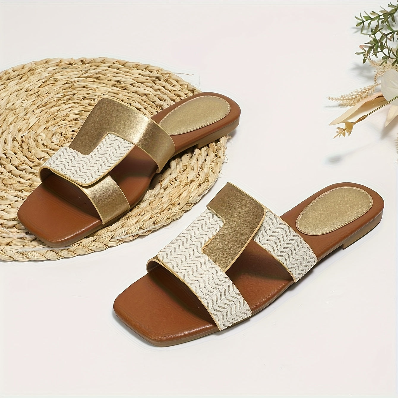 Women's Square Toe Slide Sandals with Two-Tone Gold and White Chevron Design