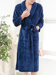 Men's Black Fleece Robe with Pockets V-Neck Lounge Wear Adjustable Waist Tie