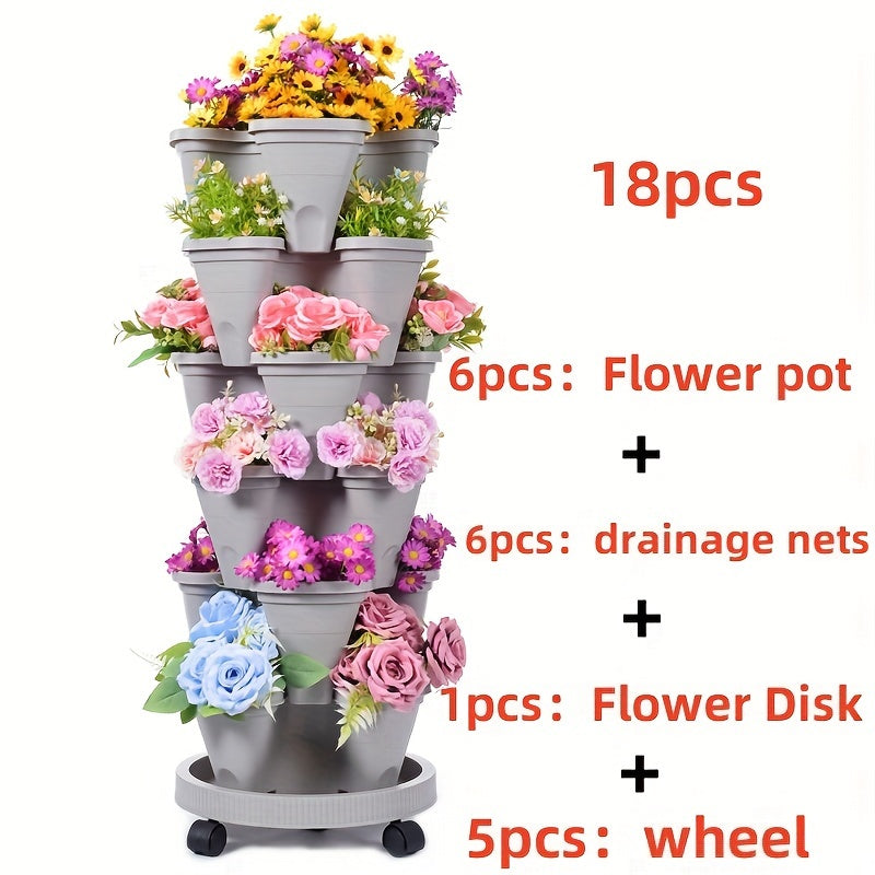 Stackable Plastic Flower Pot Set with Wheels for Indoor Outdoor Gardening for Herbs Vegetables and Flowers