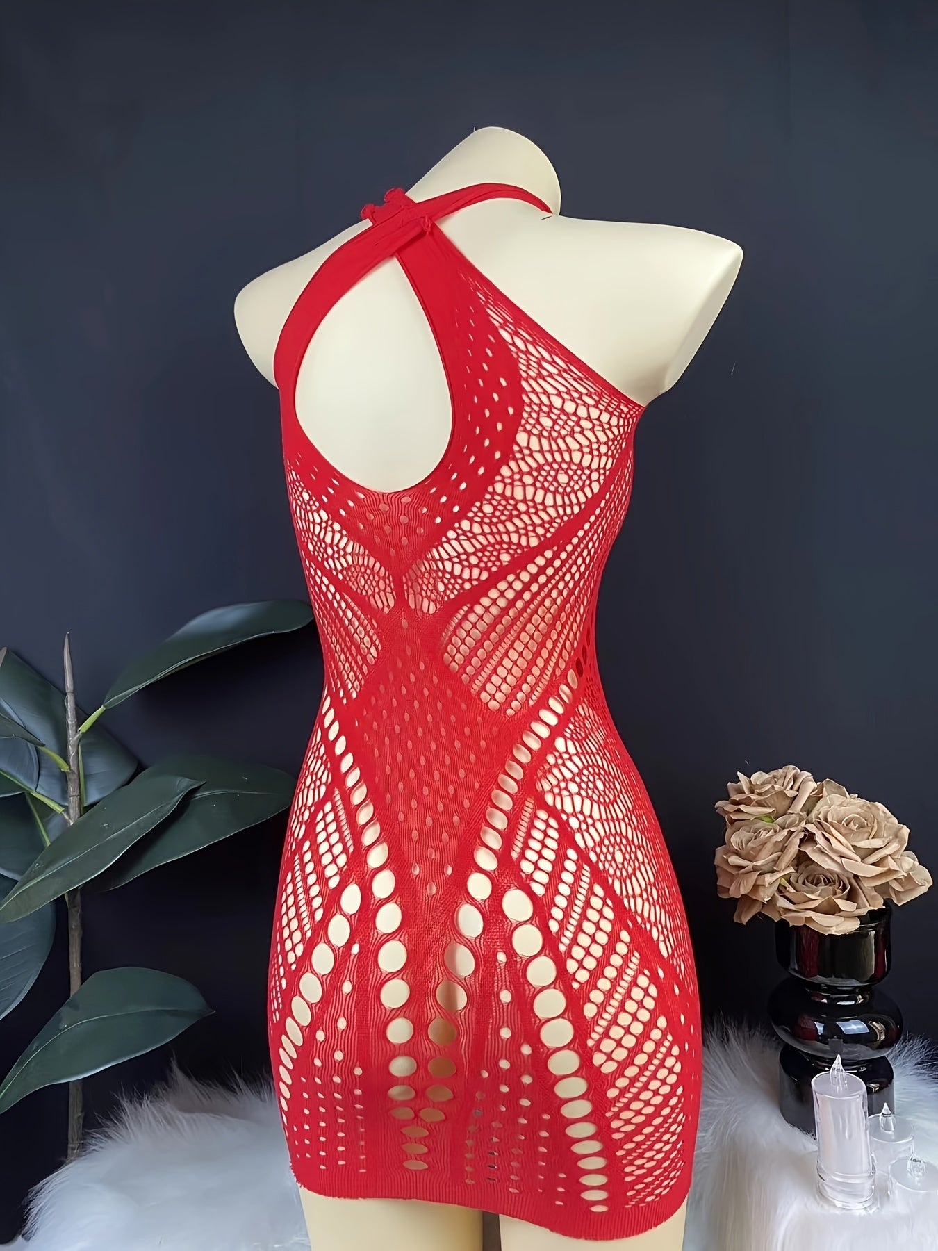 Red Lace Bodysuit with Sheer Mesh and Halter Neck for Nightclub Wear