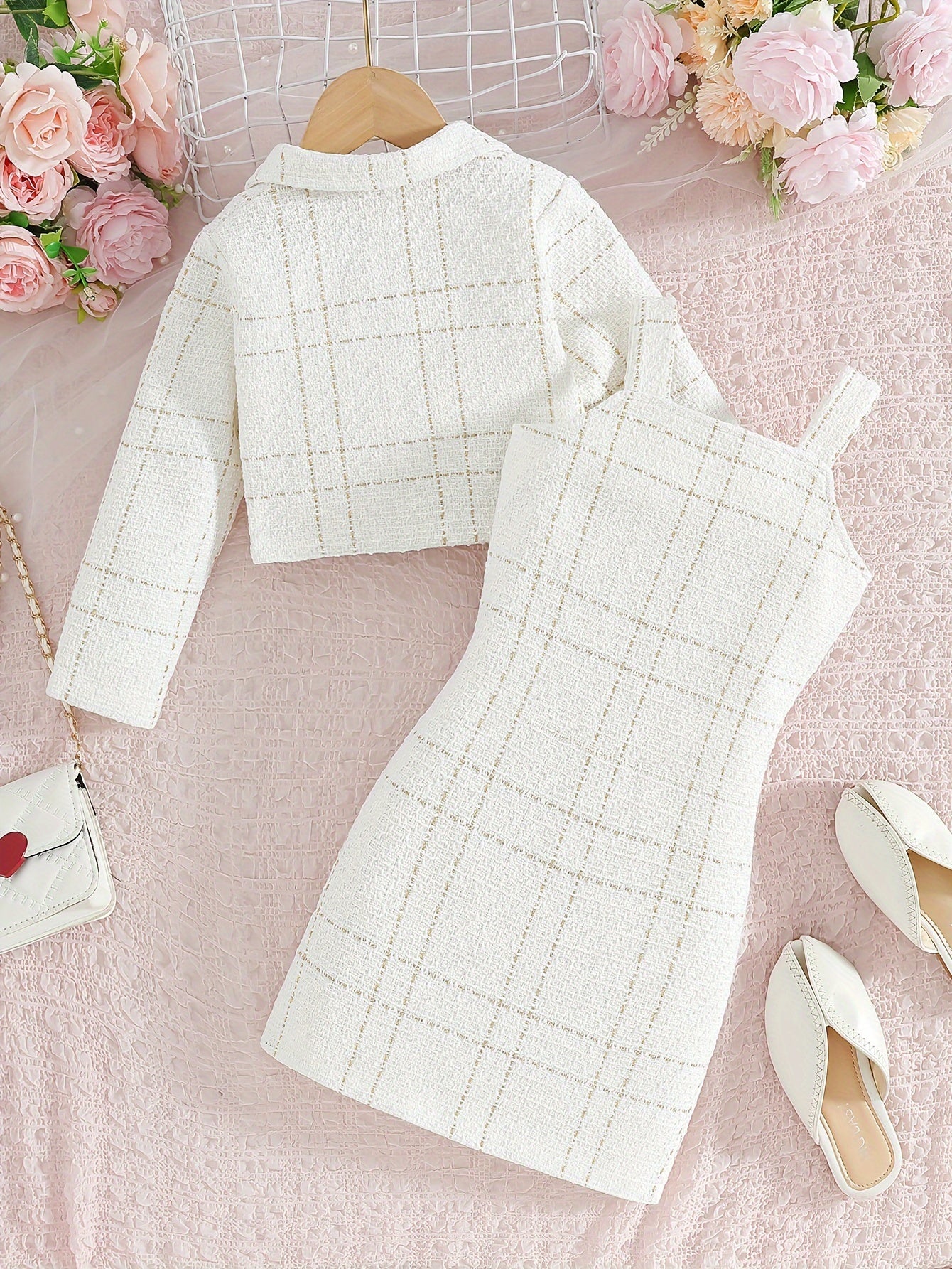 Girls Plaid Two-Piece Set with Collar Jacket and Suspender Dress for Formal and Party Wear
