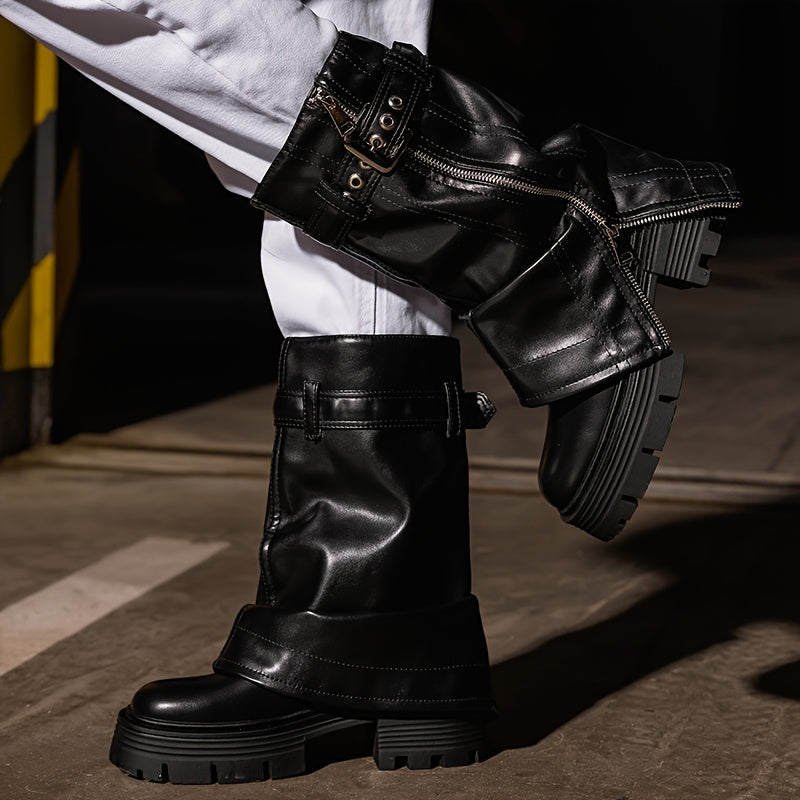 Women's Faux Leather Chunky Platform Mid-Calf Boots with Zipper and Buckle