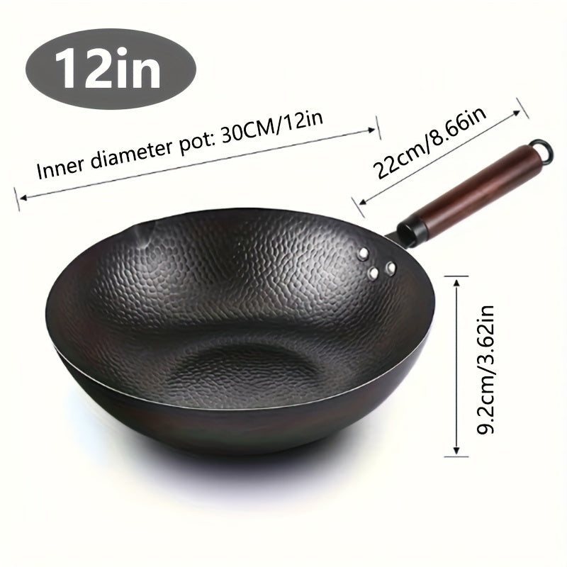 Handcrafted Iron Stir-Fry Pan 12 Inch Flat Bottom Non-Stick Versatile Cookware