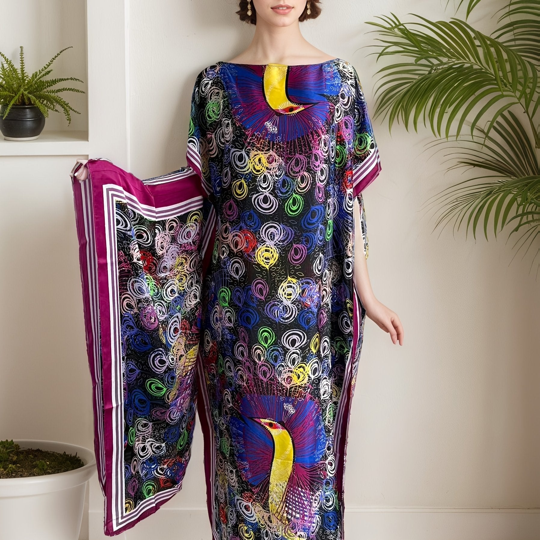 Women Plus Size Long Tunic Dress with Shawl Purple Geometric Print